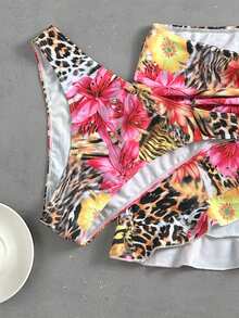 Swim Vcay 女士三件套泳衣：抹胸上衣、时尚褶皱侧裙、亮面面料、时尚度假装 - 彩色 - 查看 4