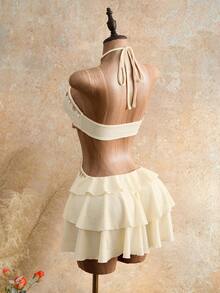 Mistrie Đầm mùa hè dành cho nữ, chất liệu vải có họa tiết, không tay, khoét rỗng, kiểu dây đeo hình vỏ sò. - Màu be - Xem 2