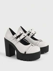 Sugerpunk 暗黑摇滚朋克哥特风单扣金属厚跟乐福鞋，低鞋面正式工作鞋，日式玛丽珍小号皮鞋，女士高跟鞋 - 白色雙帶愛心 - 查看 1