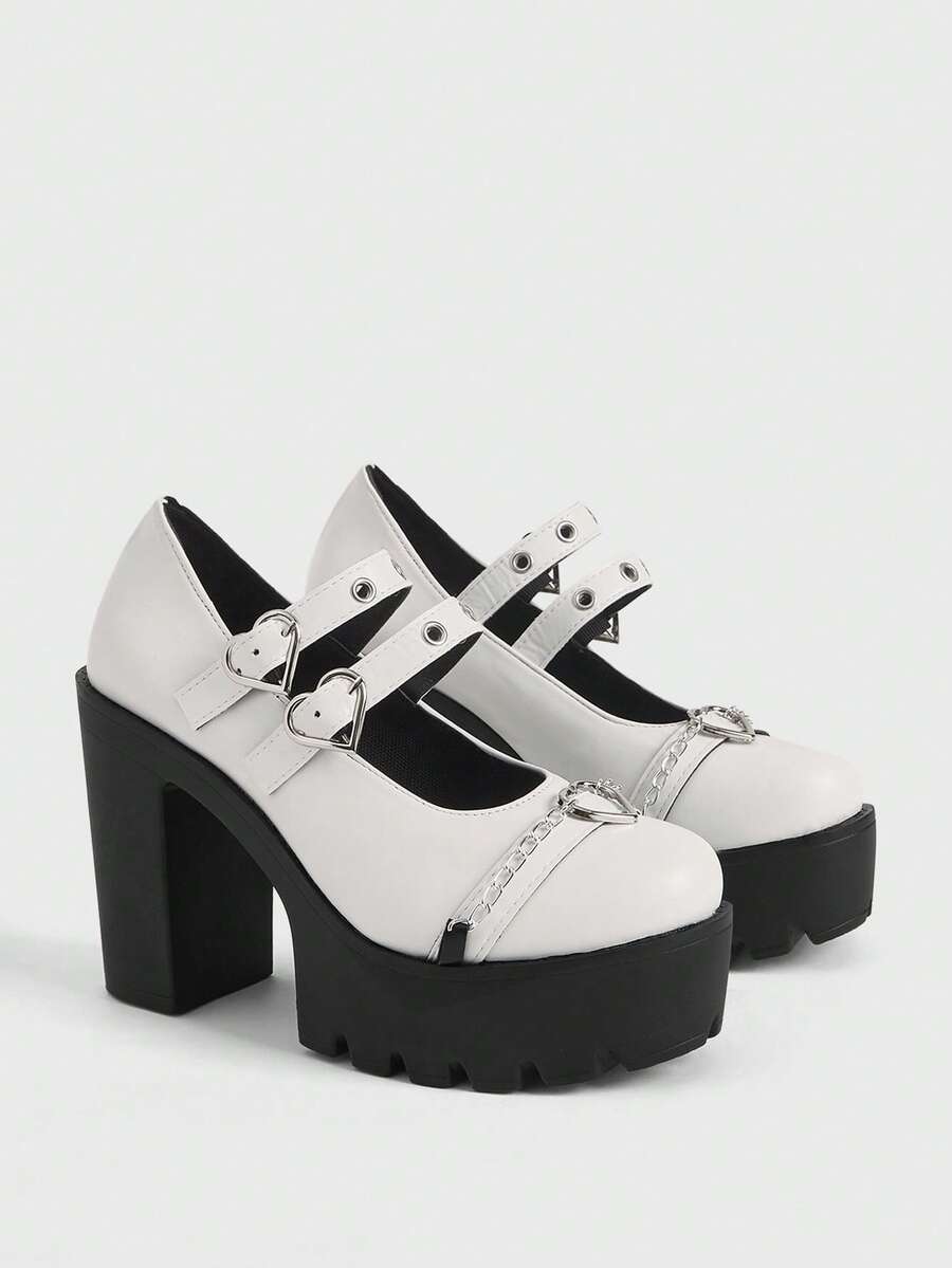 Sugerpunk 暗黑摇滚朋克哥特风单扣金属厚跟乐福鞋，低鞋面正式工作鞋，日式玛丽珍小号皮鞋，女士高跟鞋 - 白色雙帶愛心 - 查看 1