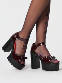 Sugerpunk Women's Fashionable And Cute Peep-Toe Open-Toe High-Heeled Sandals, Punk-Style Gothic Elegant Bow Strap Design, Thick Waterproof Platform Chunky Heel, Spring/Summer Nightclub Party Festival Slip-On Women's Shoes 2000s Style Summer Shoes - Coffee Brown - View 1