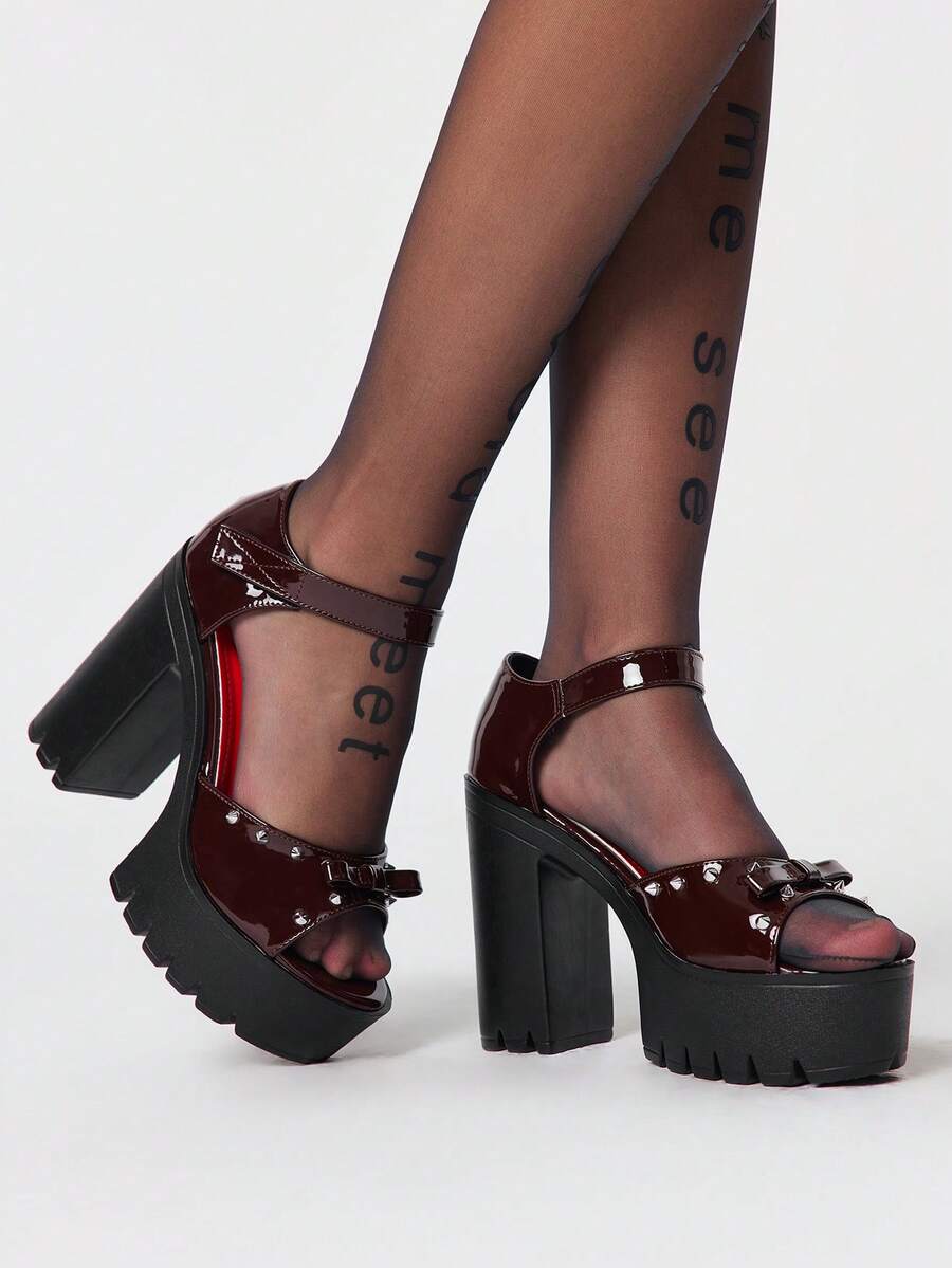 Sugerpunk Women's Fashionable And Cute Peep-Toe Open-Toe High-Heeled Sandals, Punk-Style Gothic Elegant Bow Strap Design, Thick Waterproof Platform Chunky Heel, Spring/Summer Nightclub Party Festival Slip-On Women's Shoes 2000s Style Summer Shoes - Coffee Brown - View 1