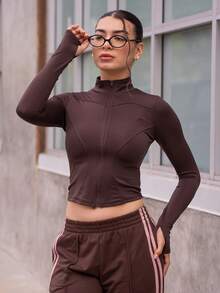 Andrea Bello 女士小立领弹力修身长袖夹克，休闲运动，春秋季 - 咖啡棕 - 查看 4