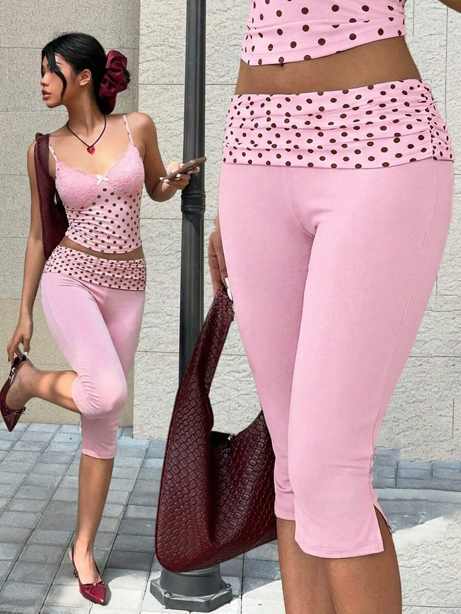 MainGRL 粉色波点拼接女式打底裤 - 粉色 - 查看 1