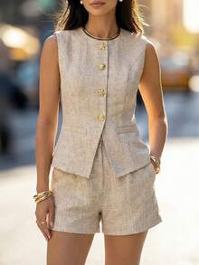 Editum 两件套女士编织金属纽扣背心和短裤套装 - 杏色 - 查看 9