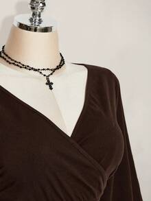 SHEIN ICON Plus Size Women V-Neck Flare Sleeve Ruched T-Shirt - Brown - View 8
