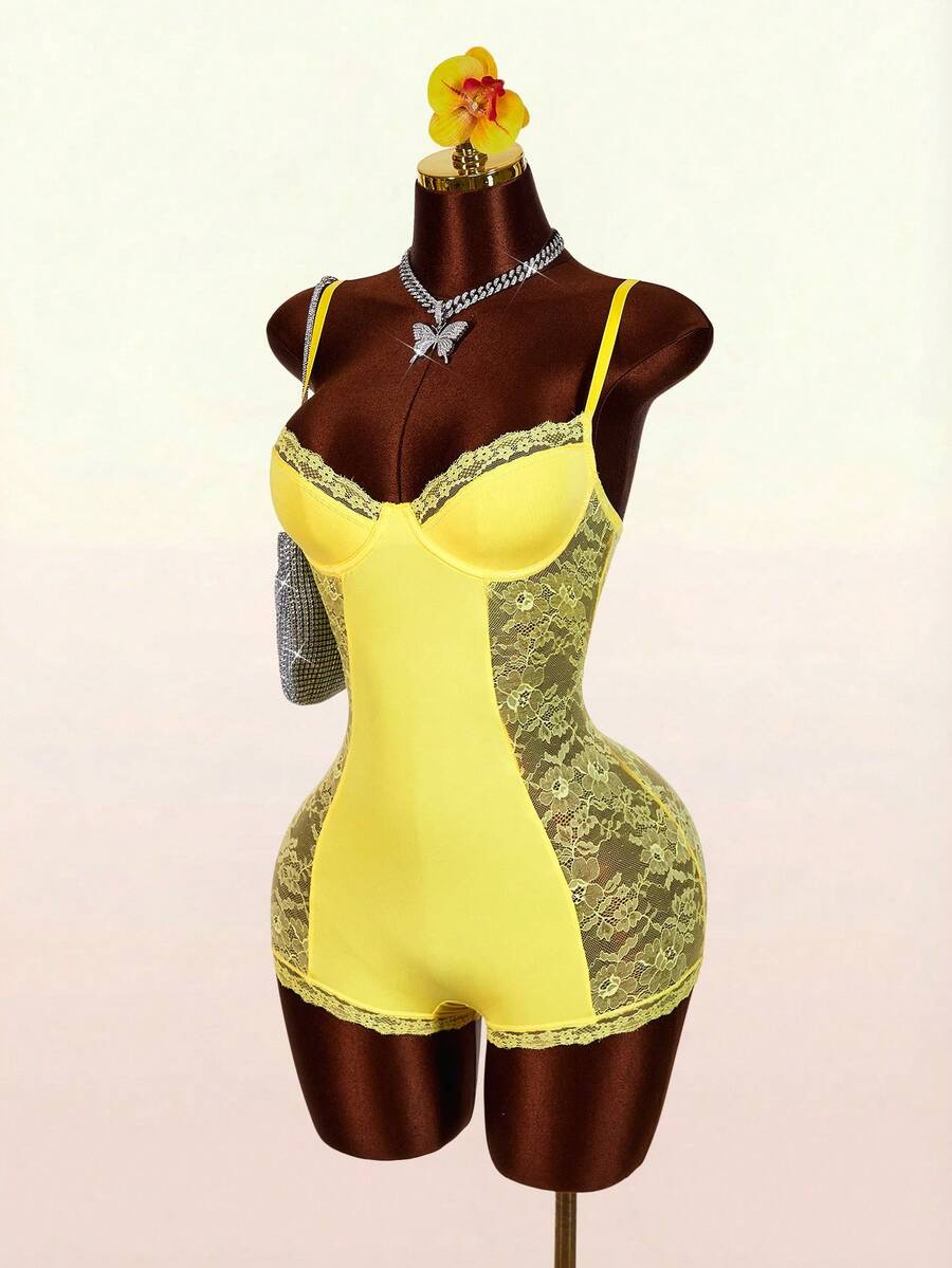 Amplova 女士蕾丝拼接性感约会连体衣 - 黃色 - 查看 1