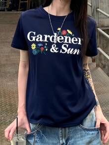 K-Vae Camiseta de manga corta con hombros regulares, sexy, estilo estadounidense. Blusa de mujer con cuello redondo y diseño elegante - Azul Marino - Ver 3