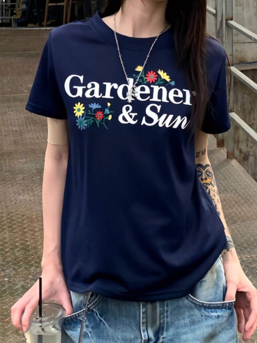 K-Vae Áo thun ngắn tay cổ tròn kiểu dáng Mỹ, gợi cảm, dành cho nữ. - Màu xanh hải quân - Xem 1