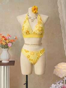 Bellisia 26SS Top de bikini triangle à encolure ras-du-cou orange avec jupe assortie, ensemble de 3 pièces. Tenue de plage/resort, tenue de brunch en 2 pièces, tenues de printemps pour femmes en 2 pièces, tenues de brunch en 2 pièces pour femmes, tenues de garden party en 2 pièces pour femmes, tenues d'anniversaire en 2 pièces pour femmes, ensemble de maillot de bain 2 pièces pour femmes, bikini imprimé floral, bikini tropical jaune - Jaune citron - Voir 3