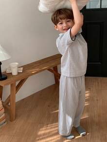 DAZY Young Boy Striped Short Sleeve Top And Pants Pajama Set Summer - Light Grey - View 6