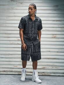 Modcrash Men's Paisley Print Short Sleeve Shirt And Shorts 2 Pieces Set With Single-Breasted Button, Elastic Waist Drawstring And Pockets , Retro American, Unisex, Relaxed Fit Summer Outfits – Suitable For Everyday Wear And Summer Holiday Outfits. - Black - View 3