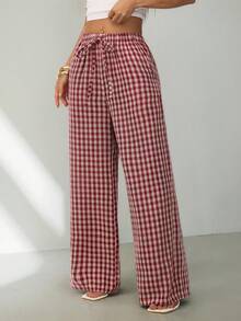 SHEIN PETITE 女士休闲日常格子抽绳腰裤 夏季春季情人节服装 嘉年华外出装扮 女士格子家居服裤 田园风裤 女士红色格子裤 夏季格子裤 红色方格裤 - 紅色 - 查看 6