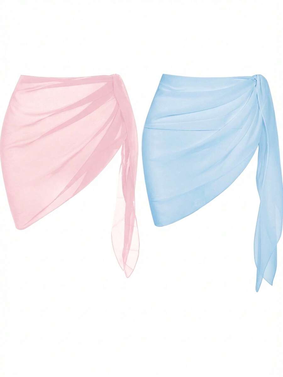 Swim Basics 女士纯色侧系带裹身上衣和迷你裙两件套 - 彩色 - 查看 1