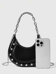 ROMWE Grunge Punk 1-Pack Ladies Punk Rivet Mongolian Tote Bag Chain Shoulder Crossbody Jelly Bag - Black E - View 3