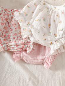 SHEIN 3件套新生女宝宝荷叶边下装 | 棉质双层绉纱面料，碎花图案，多层荷叶边设计，柔软舒适，甜美风格，适合派对、外出、拍照，可爱礼物之选 - 彩色 - 查看 6