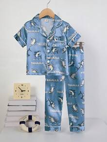 2pcs Young BoyCute Shark Graphic Print Short Sleeve Polo Collar Cardigan And Pants Casual Comfortable Homewear Set - Blue - View 4