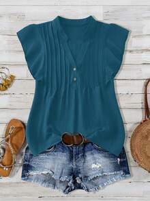 Linhara Plus Size Casual V-Neck Partial Placket Ruffle Trim Blouse - Teal Blue - View 1