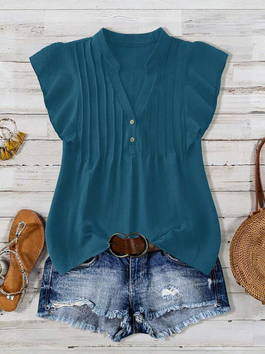 Linhara Plus Size Casual V-Neck Partial Placket Ruffle Trim Blouse - Teal Blue - View 1