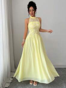 Modelyn 优雅提花腰部喇叭形中长连衣裙，奶油黄 - 黃色 - 查看 1