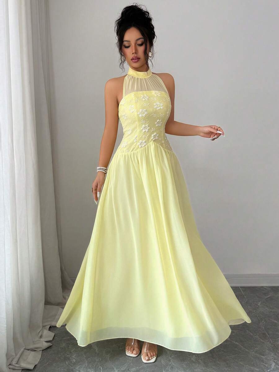 Modelyn 优雅提花腰部喇叭形中长连衣裙，奶油黄 - 黃色 - 查看 1