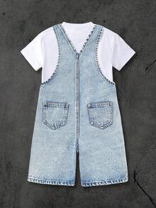 Pantalones cortos de peto de mezclilla azul con estampado de letra de llama para niño - Lavado ligero - Ver 2