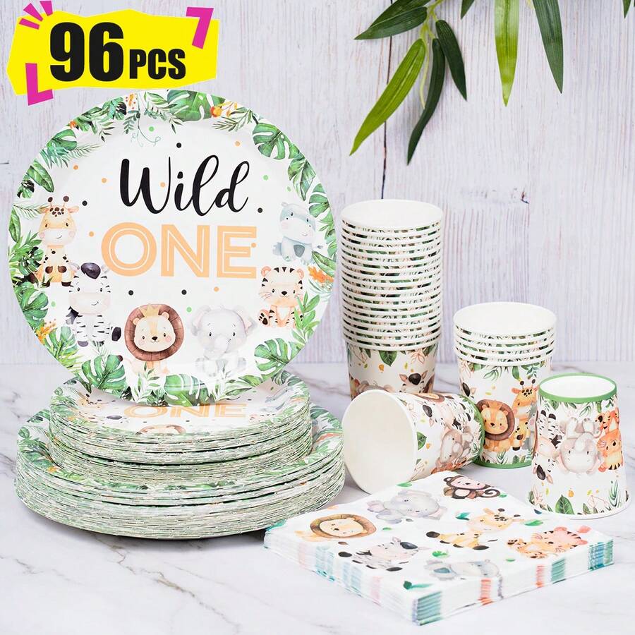 Bộ đồ dùng tiệc sinh nhật lần thứ nhất chủ đề động vật gồm đĩa, khăn ăn và cốc giấy, phục vụ 24 khách. Bộ đồ dùng tiệc bằng giấy dùng một lần này phù hợp cho sinh nhật, đám cưới, tiệc theo chủ đề và dã ngoại gia đình. - Xem 1