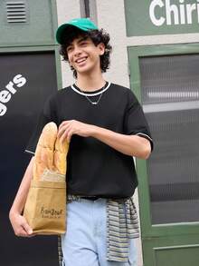 Open Phase Men Contrast Trim Drop Shoulder Tee , Retro American, Unisex, Relaxed Fit Summer Outfits – Suitable For Everyday Wear And Summer Holiday Outfits. - Black - View 6