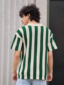 Open Phase 男士复古风条纹撞色针织上衣/卡其色服装 - 墨綠色 - 查看 3