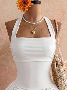 Flirla Women's Elegant Everyday Versatile Commute Casual White Short Dress With Layered Ruffle Hem, Halter Neck Tie Bow - White - View 3