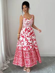Selianne Damen Vintage Rot & Weiß Blume Muster plissiertes A-Linien Kleid, quadratischer Ausschnitt, ärmellos, taillenschmeichelnde elegante romantische Lässig Pendler Strand Urlaub Mode Retro Französischer Straßen Chic Frühling/Sommer Neu - Verschiedenfarbig - Übersicht 5