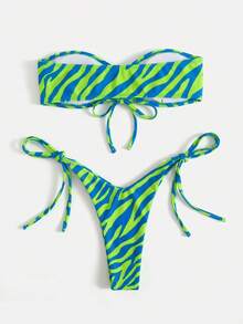 SHEIN Swim 度假海滩斑马纹比基尼套装 - 薄荷綠 - 查看 2