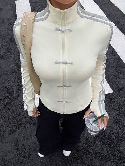 Muchica Áo khoác thể thao dệt kim nhẹ, có dây rút, khóa kéo, dành cho nữ, mùa xuân/hè.