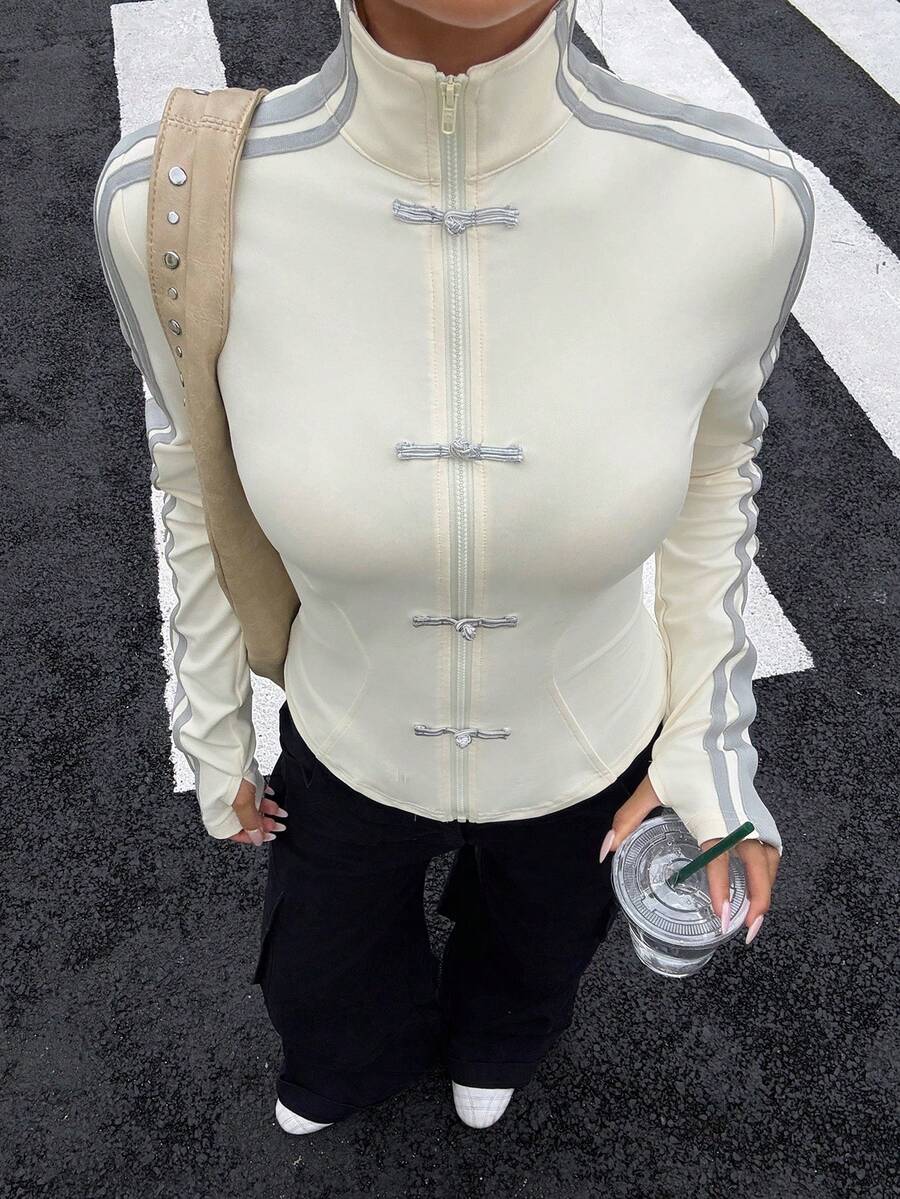 Muchica Áo khoác thể thao dệt kim nhẹ, có dây rút, khóa kéo, dành cho nữ, mùa xuân/hè. - Màu be - Xem 1