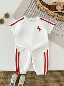 SHEIN 女嬰 2件/套 春季套裝 白色與紅色 夏季休閒城市度假運動風 寬鬆刺繡短澎澎袖上衣&條紋長褲 - 白色 - 查看 7