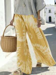 Breezaya Women's Tie-Dye Print Wide Leg Loose Casual Pants - Butter Yellow - View 3