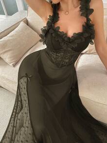 Seduluxe Fish Bone Line Waist Design Lace 3D Floral Women Sexy Mesh Spaghetti Strap Long Nightgown - Army Green - View 4