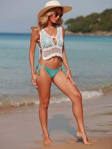 SHEIN Holidaya 度假海滩纯色镂空针织背心 - 白色 - 查看 3