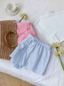 Comfortcana 2pcs Women Casual Button, Tie-Front Shorts Set, Suitable For Summer - Multicolor - View 7
