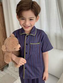 DAZY Bộ đồ ngủ thường ngày cho bé trai, áo ngủ dài tay có cổ (size nhỏ) - Màu xanh lam - Xem 5