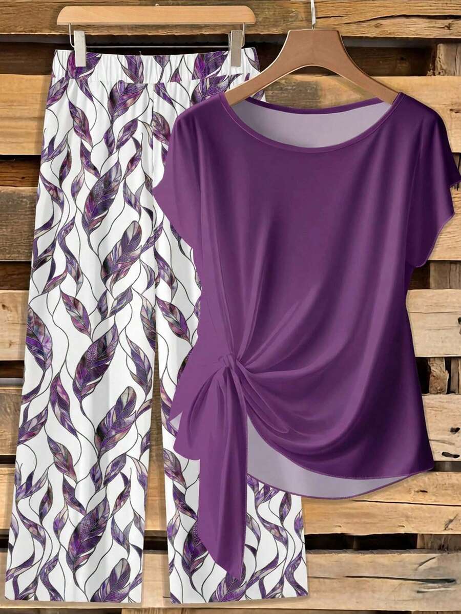EMERY ROSE Plus Size Women Solid Color Round Neck Top And Wide Leg Pants Casual Everyday Set - Multicolor - View 1