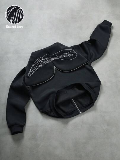 PAVTROS Men's Street-Style Trending INS Hoodie With Zipper, Black Hooded Sweatshirt With Embroidered Text, Comfortable For Daily Wear, Gifts For Valentine's Day, Indoors, Outdoor Music Festivals, Casual Outings, Friends Gathering, Kids, Boyfriend/Husband, Anniversary