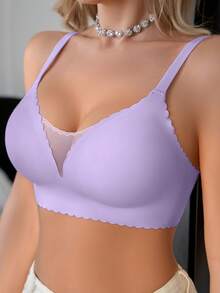SHEIN 1pc Seamless Mesh Patchwork Solid Color Ruffled Adjustable Wireless Removable Padded Bra For Women - Lilac Purple - View 3