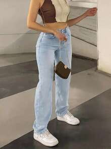 SHEIN ICON Plus Size Women Casual Pockets Button Fly Versatile Daily Wear Denim Jeans - Light Wash - View 3