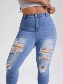 SHEIN PETITE CURVE Quần jeans nữ cỡ lớn PETITE CURVE mùa hè 2026, kiểu dáng thường ngày, thoải mái, chất liệu co giãn tốt, màu xanh rách nhẹ, ôm sát, gợi cảm. - Màu xanh lam - Xem 6