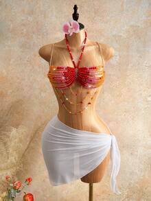 Mistrie 女士性感水晶串珠吊带背心，女士海岛海滩度假吊带背心 - 玫紅色 - 查看 5