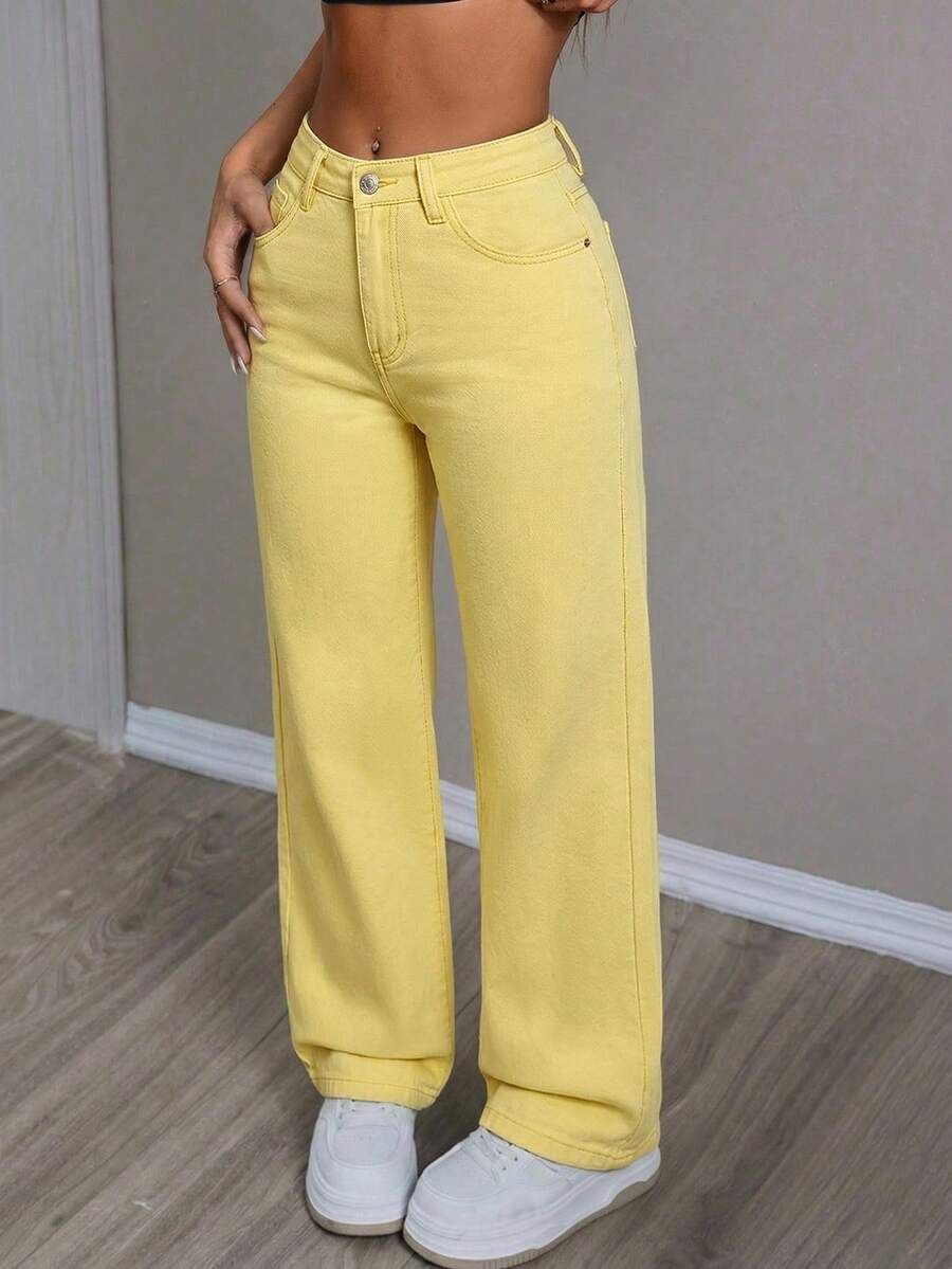 SHEIN PETITE 休閒百搭純色直筒牛仔褲,小個女款 - 黃色 - 查看 1