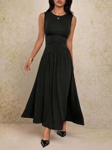 SHEIN PETITE 女士纯色圆领褶裥优雅束腰连衣裙，适合派对穿着 - 黑色 - 查看 7