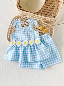 SHEIN 2件套女婴幼儿/新生儿0-3岁休闲日常可爱度假条纹蝴蝶结装饰吊带背心+短裤套装，春夏款 - 藍色 - 查看 1