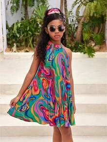 SLAYR KIDS SLAYR KIDS Tween Girl Vacation/Casual Spring/Summer Geometric Pattern Woven Pleated Halter Neck Sleeveless Dress - Multicolor - View 1